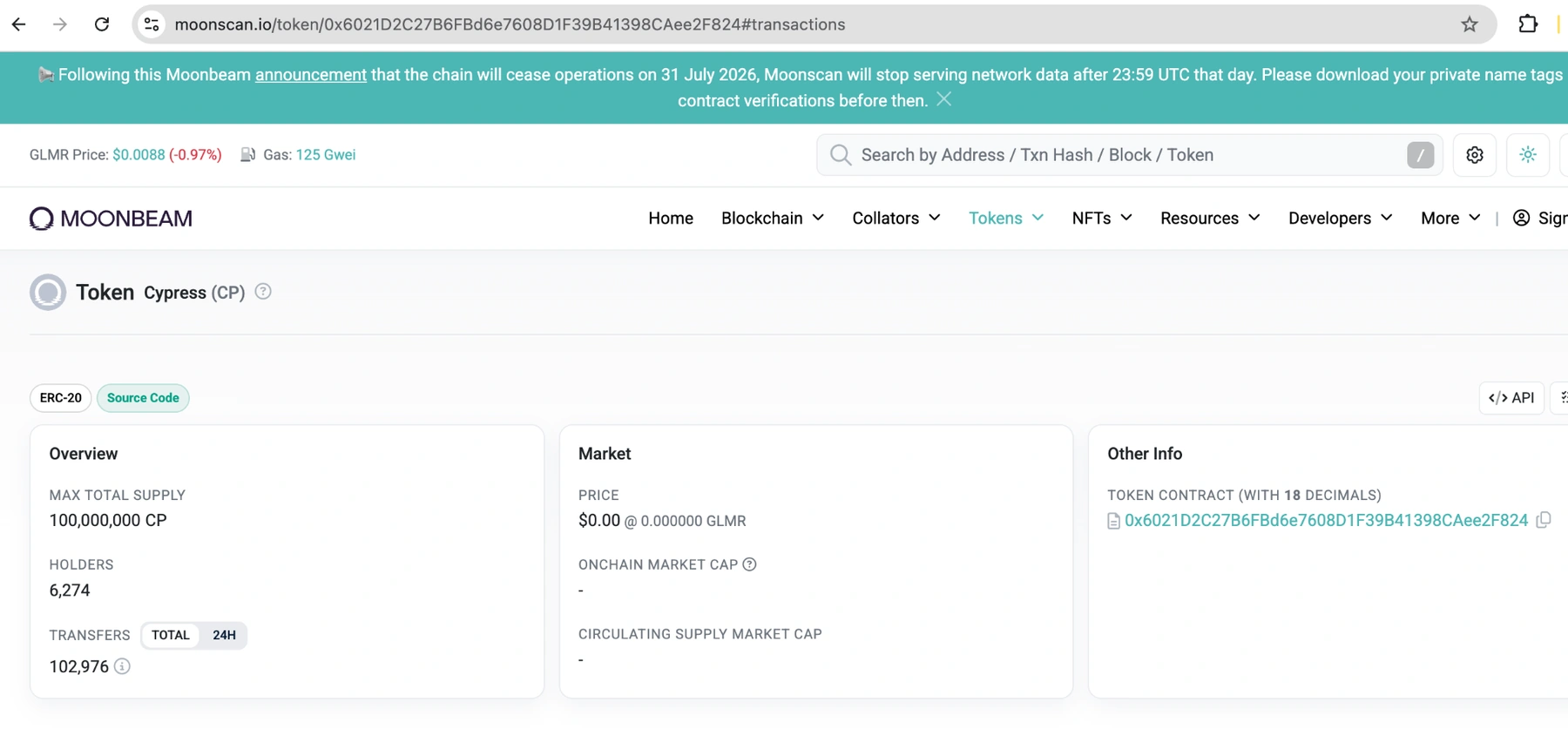 Final Moonbeam explorer snapshot for the CP token