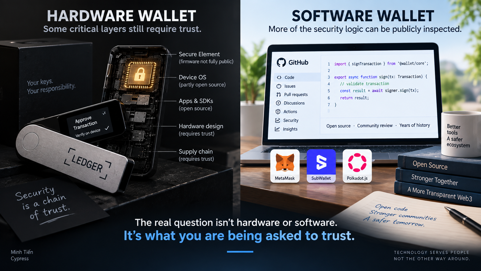 Hardware and software wallet security models compared: hardware includes layers that require trust, while more of the software wallet security logic can be publicly inspected.